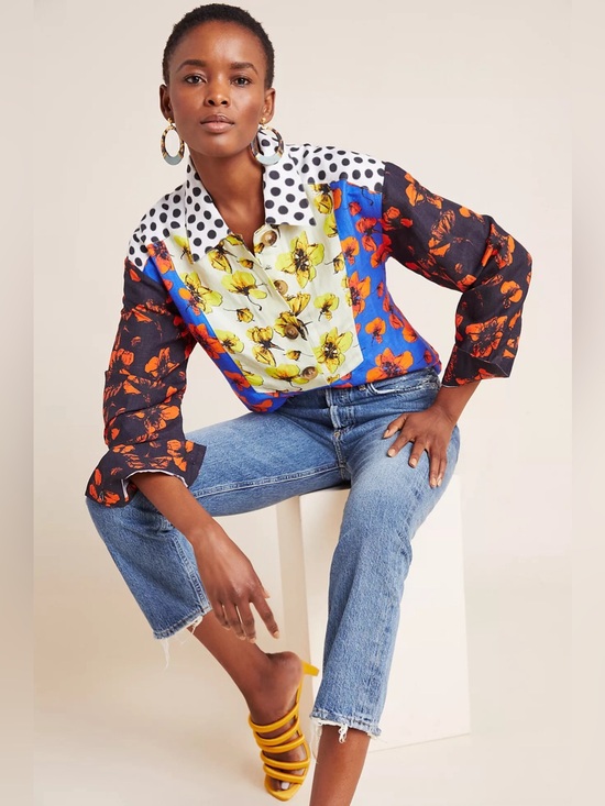 Anthropologie Tops - Anthropologie Dhruv Kapoor Coralia Floral Linen Blend Patchwork Shirt Size M